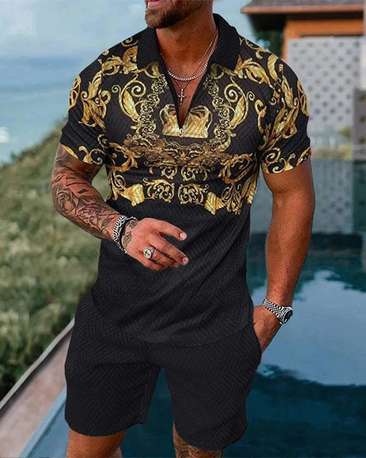Men's Summer New Sports Suit Casual Summer Short Sleeve Polo Shirt Shorts Suit Two-piece Men's Geometric Printed Clothing Men's