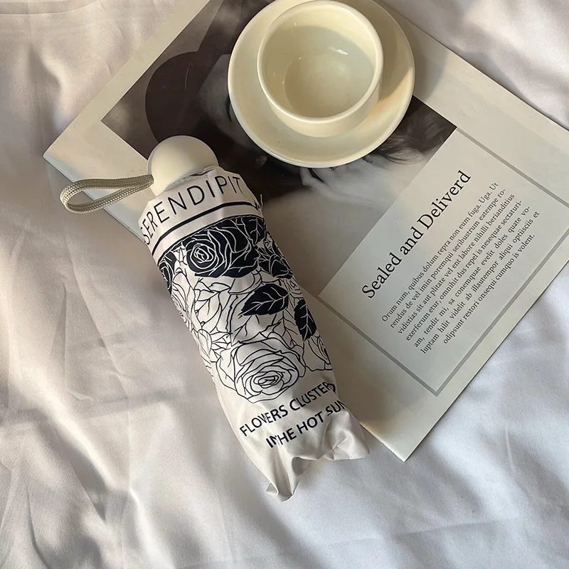 High Appearance Level Retro French Black and White with Girls' Sunshade UV Triple Fold Automatic Clear Umbrella