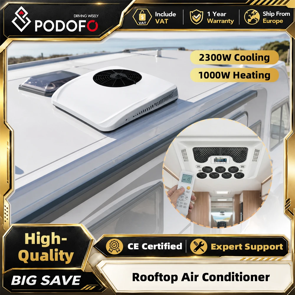Climatiseur de toit Podofo 12V 2300W de refroidissement 1000W de chauffage, unité AC tout-en-un avec 7 pièces 360 ° Grilles d'aération rotatives, télécommande LCD, diffusion vocale, réfrigérant R134A pré-charge, installation sans dommage pour camping-car, camionnette, fourgonnette, voiture de tourisme. 1 Climatiseur de toit Podofo 12V 2300W de refroidissement 1000W de chauffage, unité AC tout-en-un avec 7 pièces 360 ° Grilles d'aération rotatives, télécommande LCD, diffusion vocale, réfrigérant R134A pré-charge, installation sans dommage pour camping-car, camionnette, fourgonnette, voiture de tourisme. 1