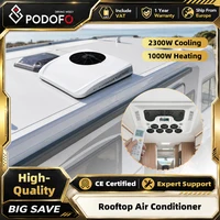 Climatiseur de toit Podofo 12V 2300W de refroidissement 1000W de chauffage, unité AC tout-en-un avec 7 pièces 360 °   Grilles d'aération rotatives, télécommande LCD, diffusion vocale, réfrigérant R134A pré-charge, installation sans dommage pour camping-car, camionnette, fourgonnette, voiture de tourisme. 1