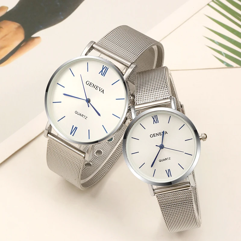 2PCS Set Couple Fashion Casual Watches Luxury Silvery Mesh Belt Wrist Watch Ladies Simple Dial Quartz Wristwatches