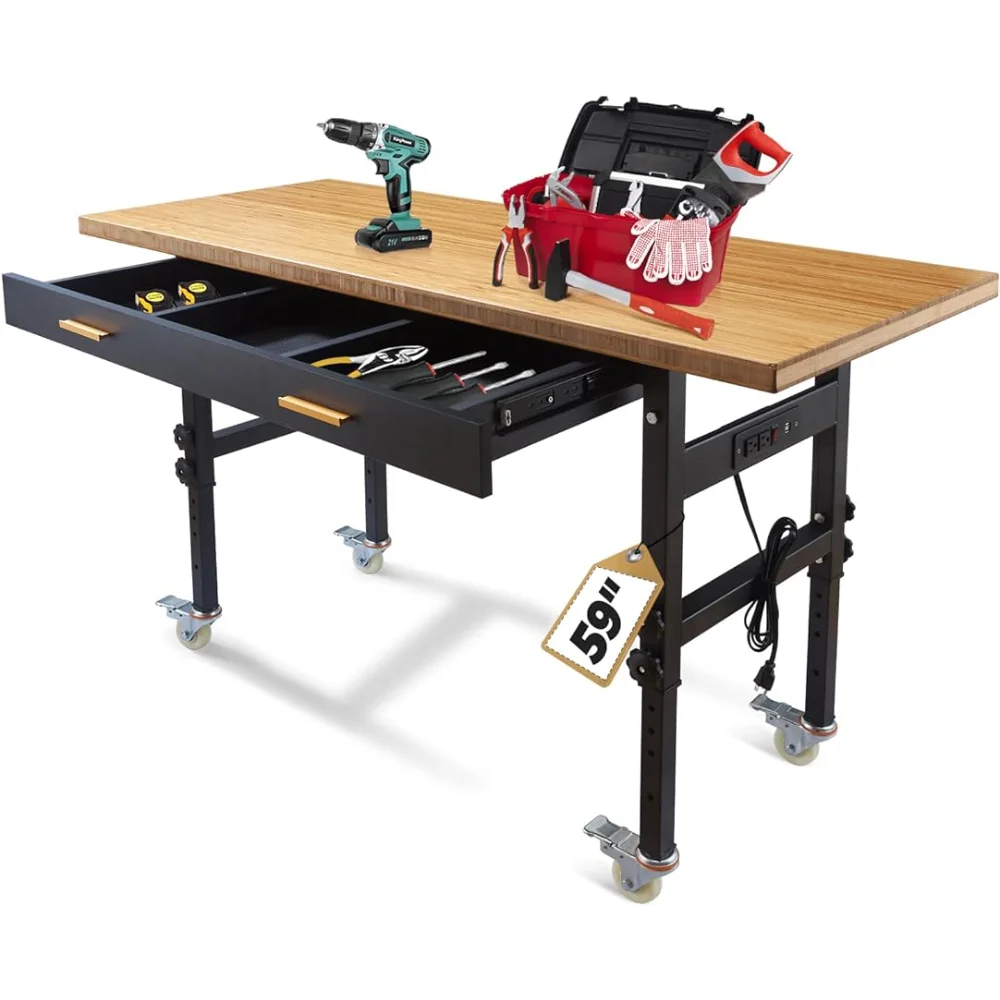 

59" Workbench for Garage Work Bench with Drawers, Power Outlets, Casters, Natural Bamboo Wood Top Adjustable Workbench 2000 LBS