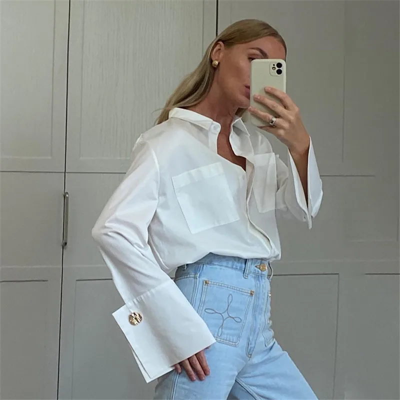 Women White Shirts New 2024 Spring Long Sleeve Double Pocket Shirt Fashion Design Small White Shirt Top