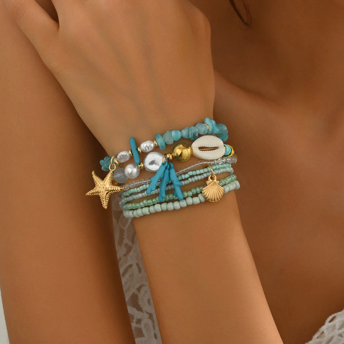 Bohemian Style Handmade Beaded Women's Bracelet, Rice Bead Starfish Bracelet, Shell Coral, Fashionable Ocean Bracelet, 6 Pieces