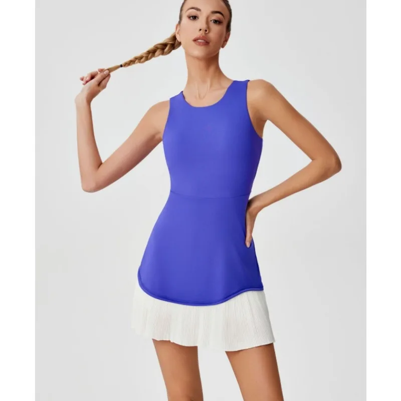 Women One-piece Tennis Dress Summer Black Contrast Pleated Anti Light Speed Dry Sports Dresses Hollowed Out Back Yoga Clothes