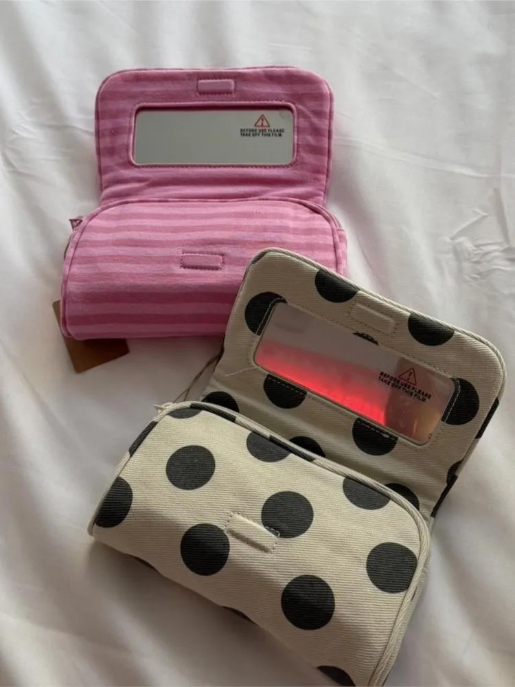 Flip-top With Mirror Makeup Bag Women Pink Striped Portable Zipper Cosmetic Travel Organizer Cute Sweet Handbag Toiletry Pouch 2
