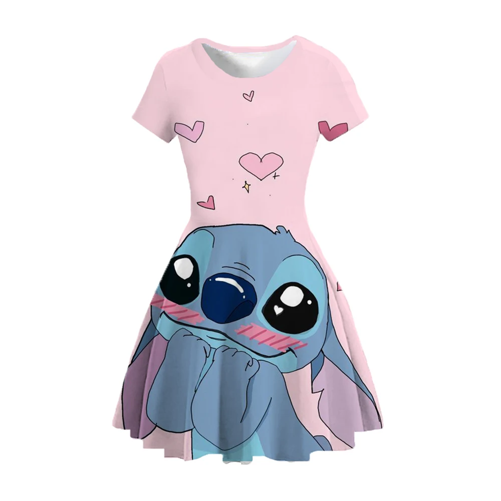 2024 Summer New Casual Fashion Cute Princess Dress 3D Print Disney Stitch Crew Neck Short Sleeve Princess Dress