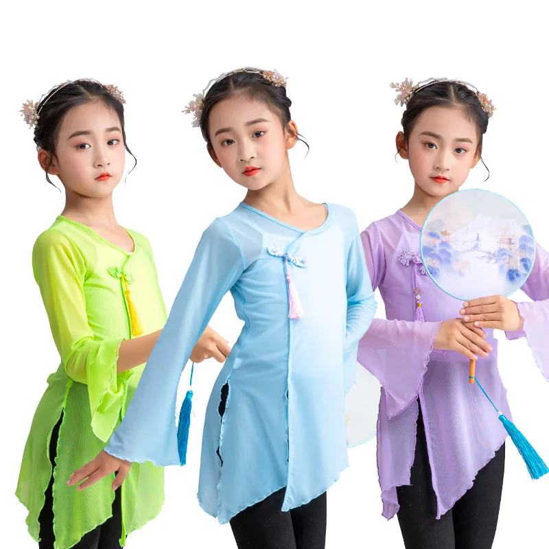 

Girl's Classical Dance Performance Clothes Traditional Chinese Dance Dress with Elegant Chiffon Skirt Ethnic Practice Outfit