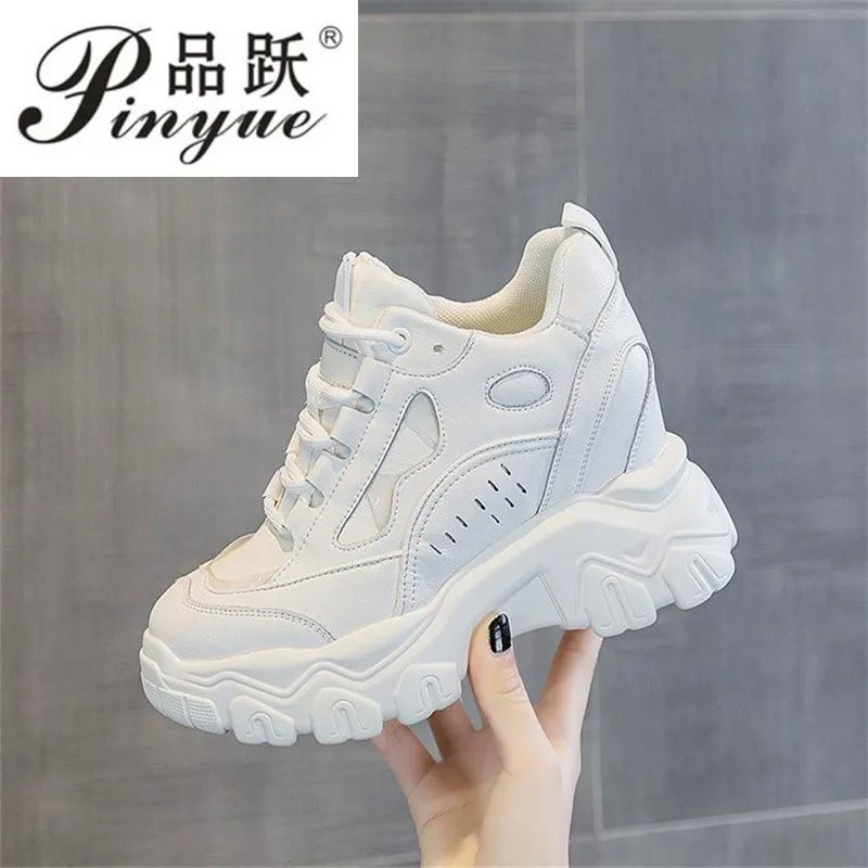 

Женские кожаные кроссовки на шнуровке, повседневные дышащие кроссовки на платформе 9,5 см, Вулканизированная подошва, корейский стиль, весна-осень