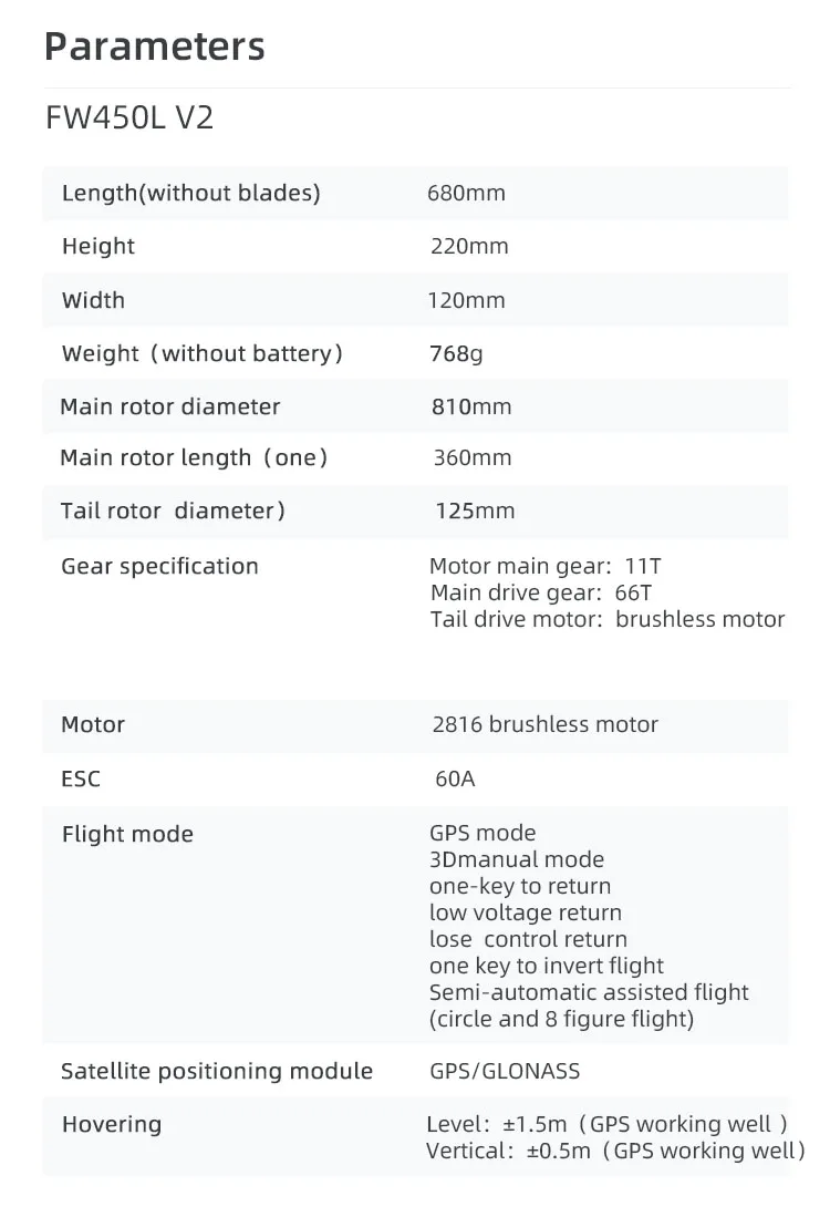 FLYWING FW450 RC Helicopter, FW4SOL V2 Length(without blades) 680mm Height