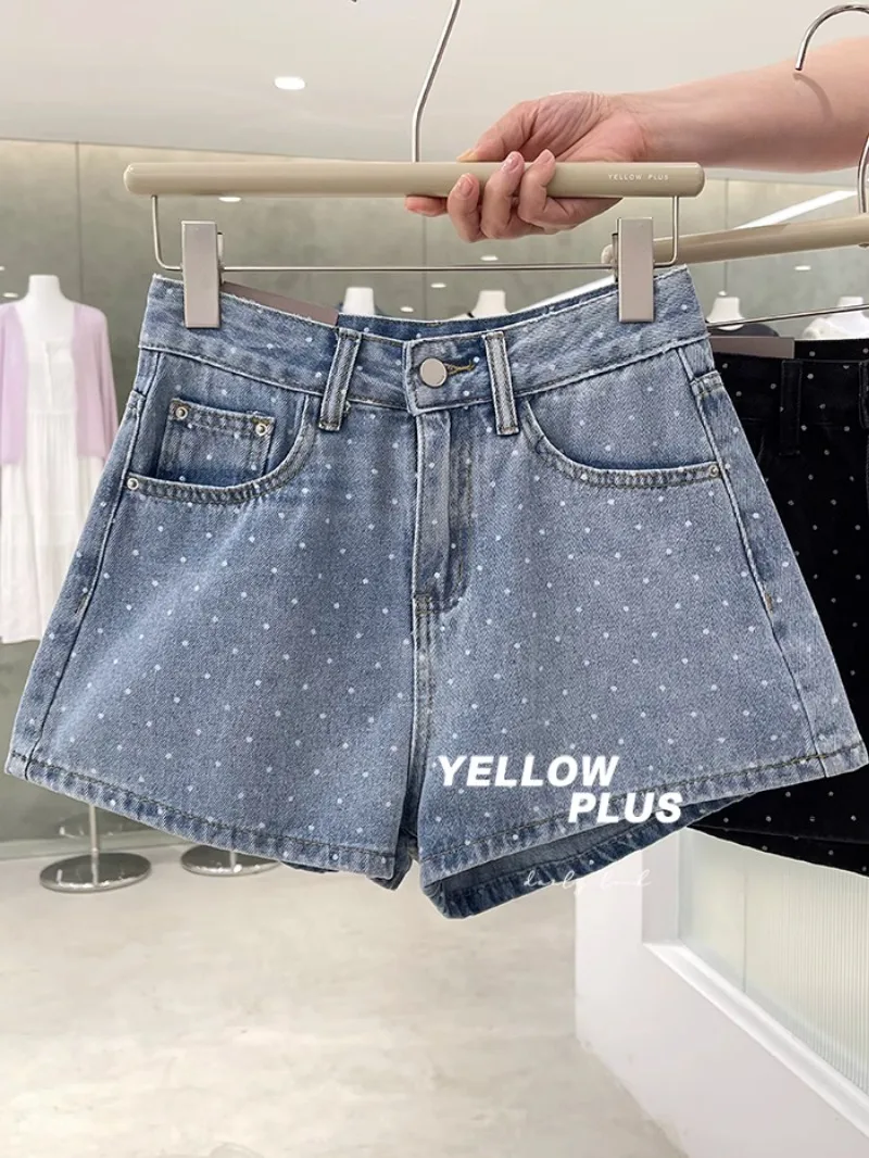 Korean Style Long Leg Fashion Polka-Dot High Waist Denim Shorts Women's Summer New Sweet And Cute Slimming Wide Leg Booty Pants