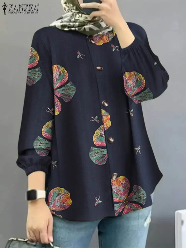 

ZANZEA Fashion Puff Sleeve Muslim Blouse Bohemian Floral Printed Tops Woman Elegant O-Neck Shirt Vintage OL Office Chemise 2023