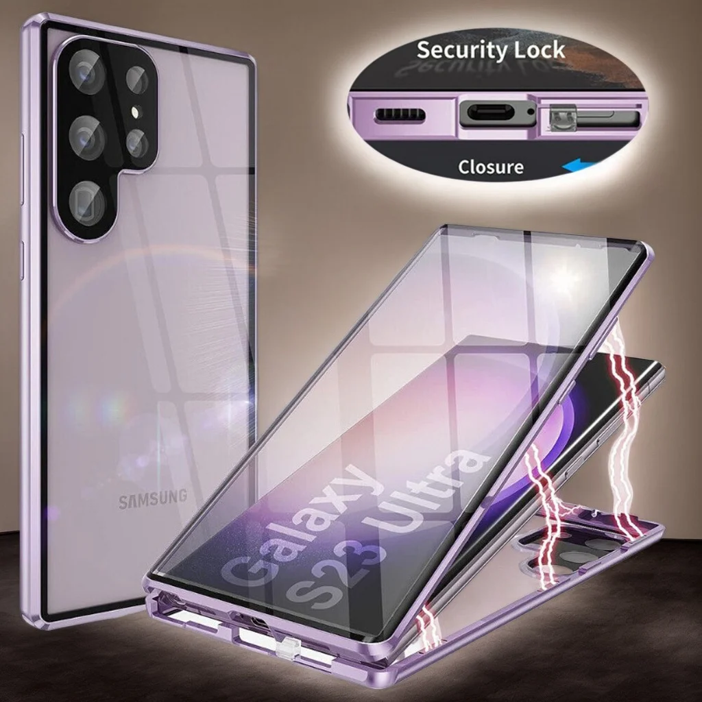 360° Double-Sided Magnetic Glass Phone Case with Lens Protection - Metal Design