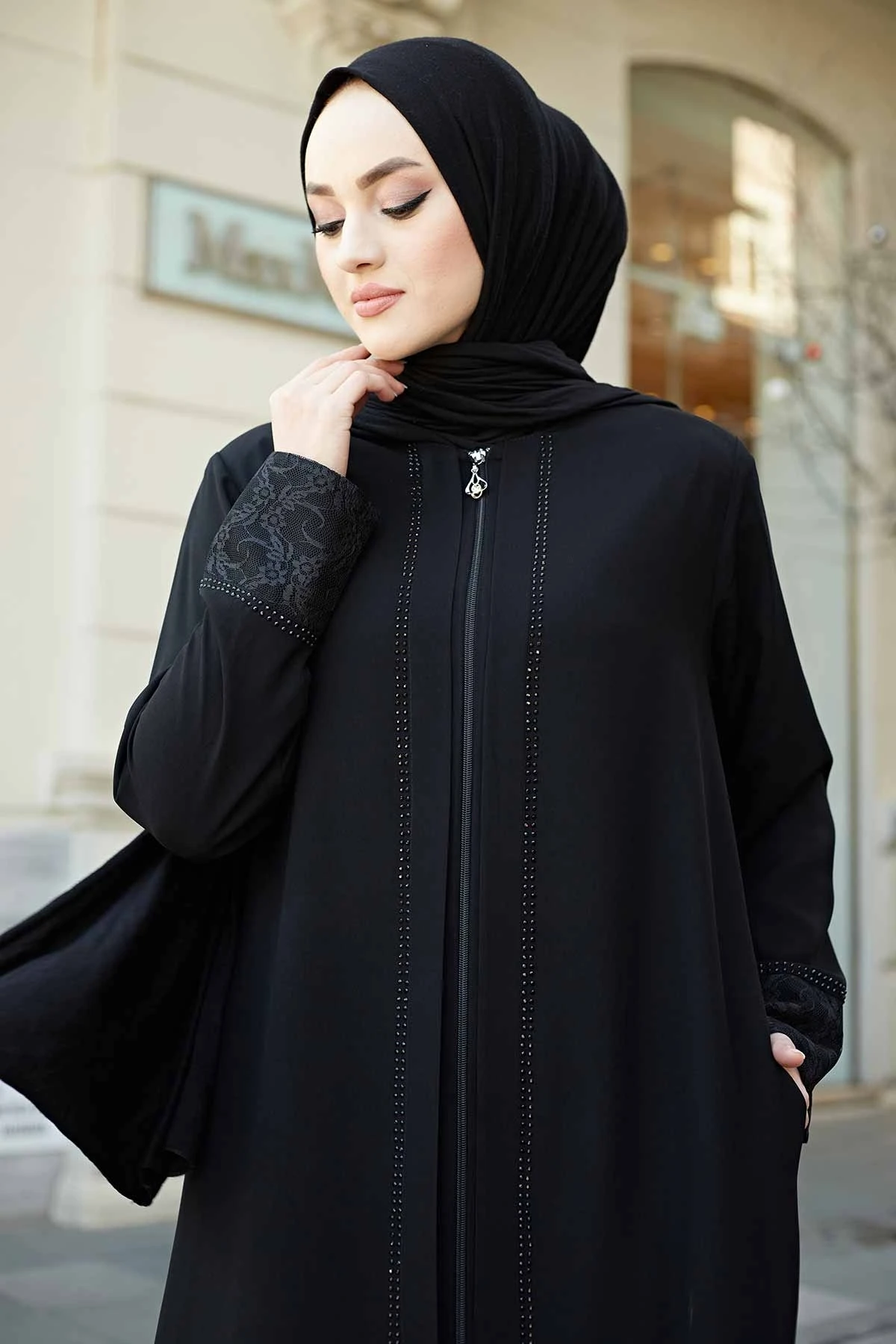 Lace Detail Ferace OC-Black