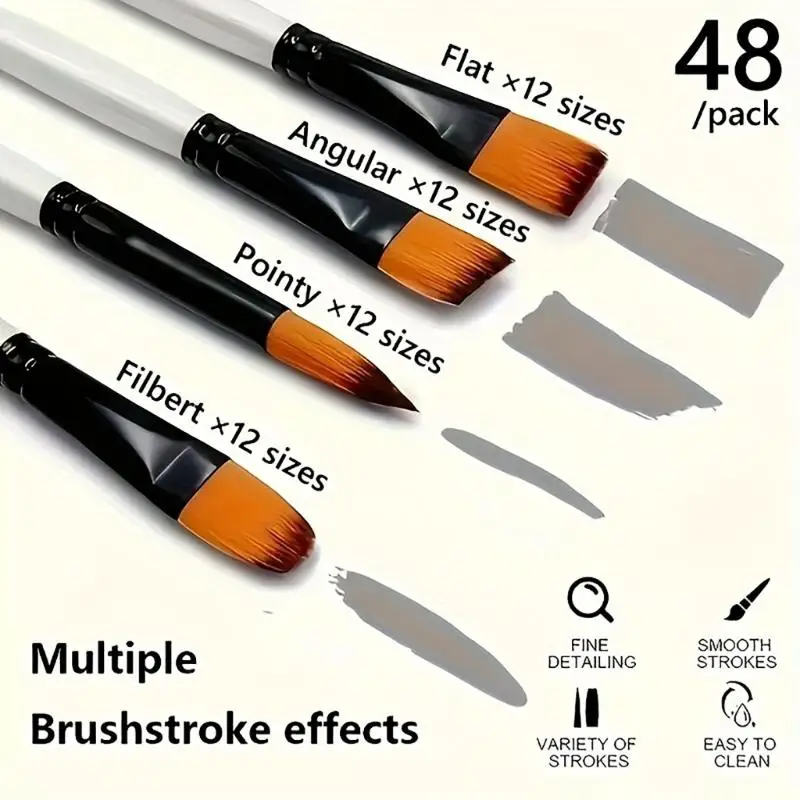 48Pcs 나무 손잡이 그림 브러시 예술가 초보자를위한 부드러운 나일론 Bristles 페인트 브러시 오일 수채화 아크릴 그림 D2RC