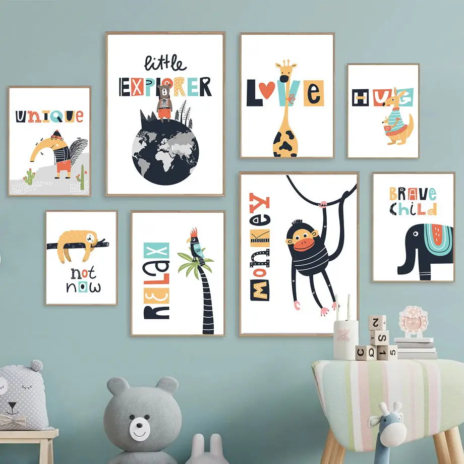 

Elephant Kangaroo Giraffe Monkey Bear Animal Wall Art Canvas Painting Nordic Poster And Prints Wall Pictures For Kids Room Decor