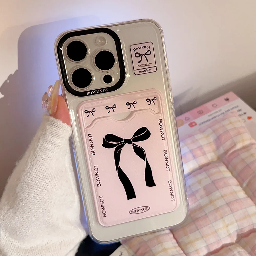 thumbnail image 1 of Korean Cute Bowknot Card Holder Phone Case For iPhone 16 15 14 13 12 11 Pro Max X XR 7 8 Plus SE2 Wallet Shockproof Soft Cover, 1 of 4