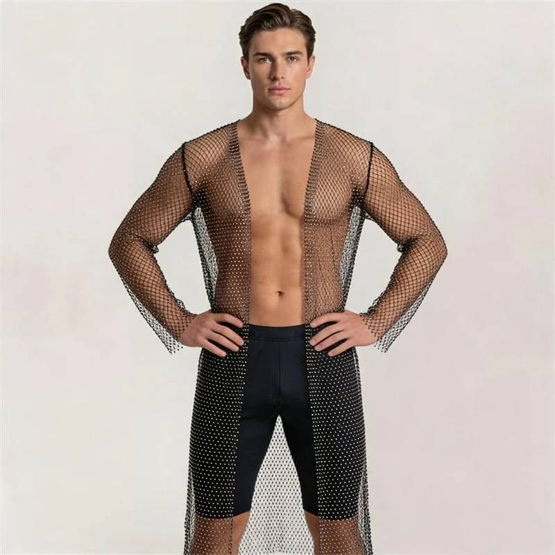Herren Strass-Netz-Cardigan, transparent, offene Vorderseite, Überwurf für Rave, Festival, Party, Club, Bühnenkostüm, Outfit, Dropshipping – Detail 4
