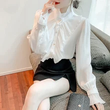 

Shirt Women Stand-collar Ruffled Stitching Long-sleeved Design French Niche Top Blusas Mujer De Moda 2022 Verano Elegantes