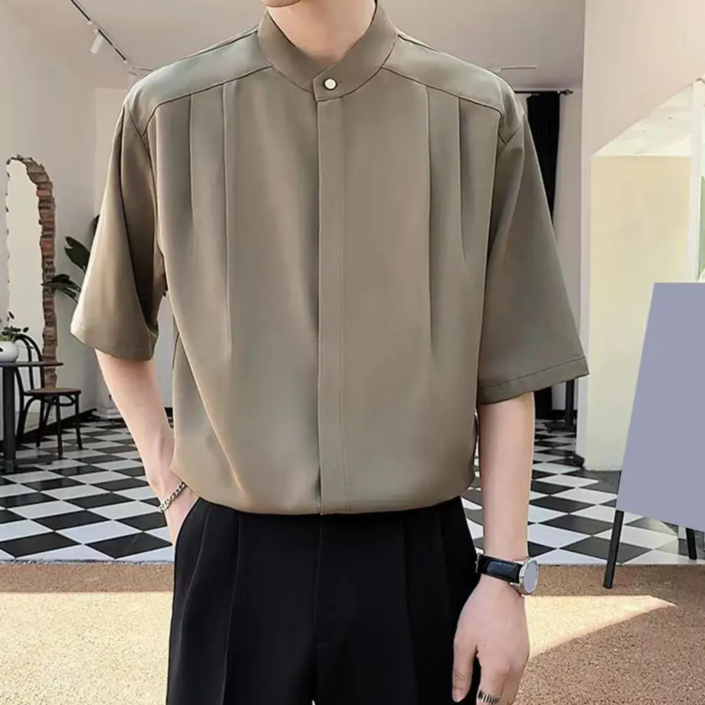 Men Top Soft Texture Stylish Stand Collar Ice Silk Cardigan Summer Office Wear Pleated Loose Fit Half Sleeves Casual