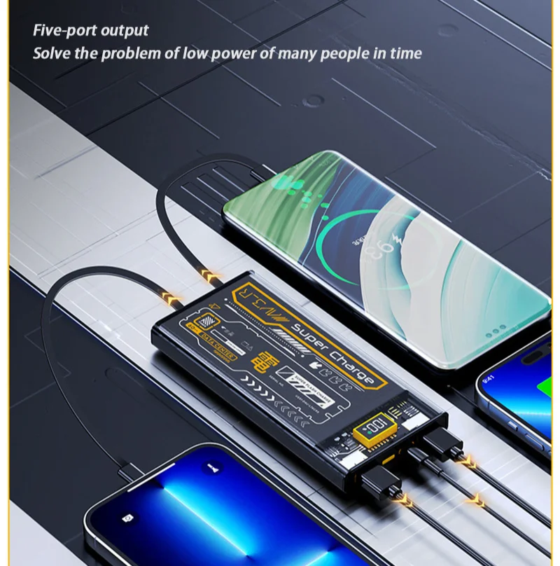 100W Transparent Mecha Wind Mobile Power Bank with a Large Capacity of 50000mAh Fast Charging built-in Cable Suitable for iphone 6