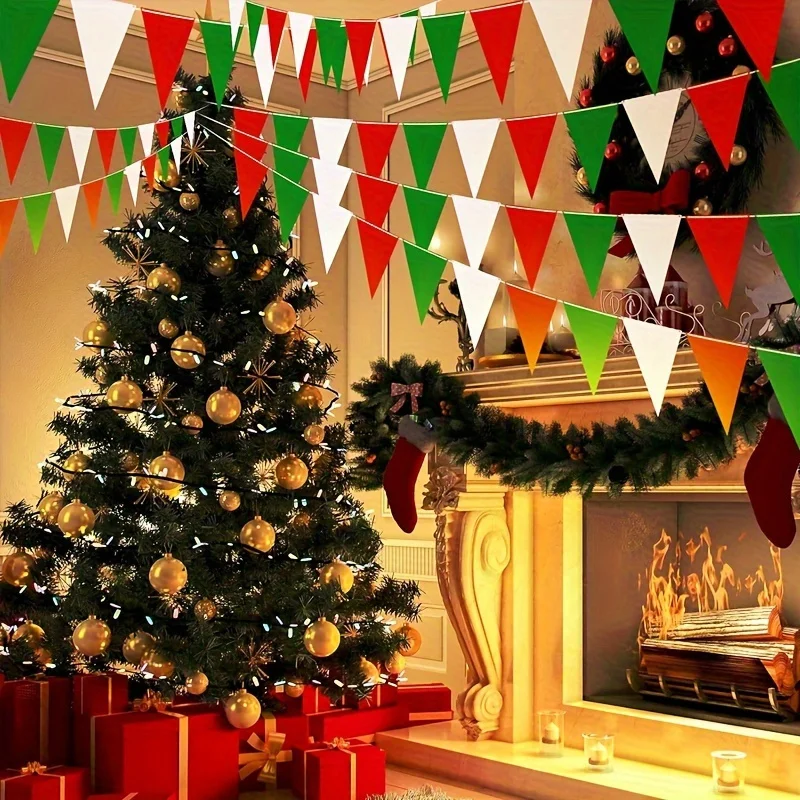 10M Plastic Pennant Garland Red Green White Flag Christmas Atmosphere Decoration Bunting For Party and Garden Outdoor christmas decorations party decorations