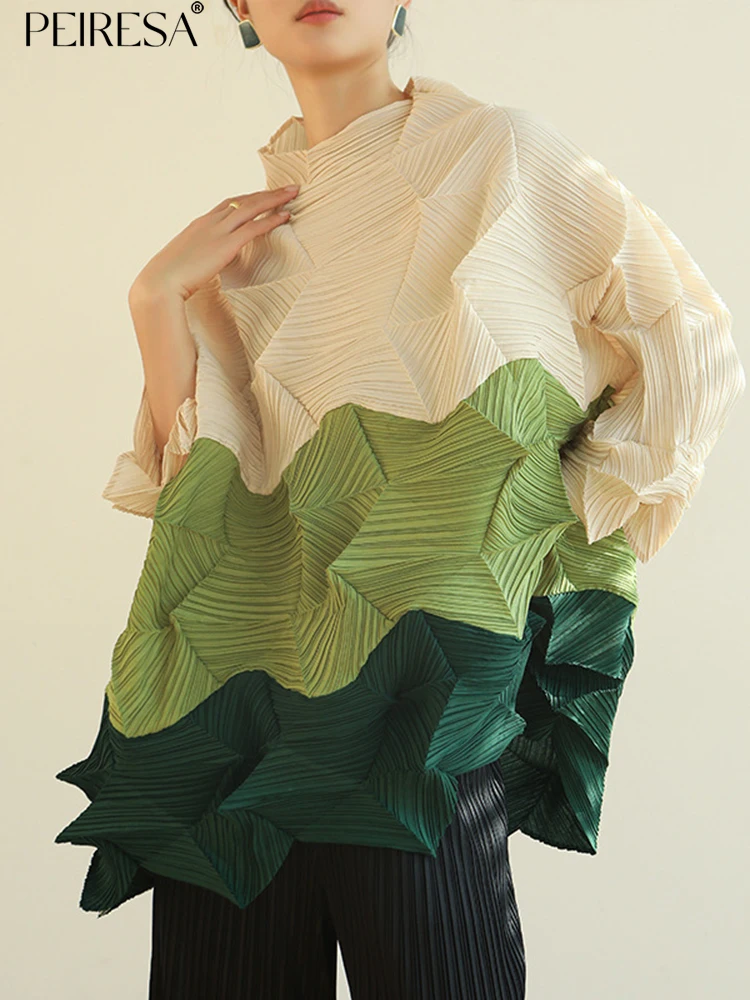 

PEIRESA Miyake Contrast Color Pleated T Shirts For Women Stand Collar Three Quarter Sleeve Loose Tees Casual Style Female Tops