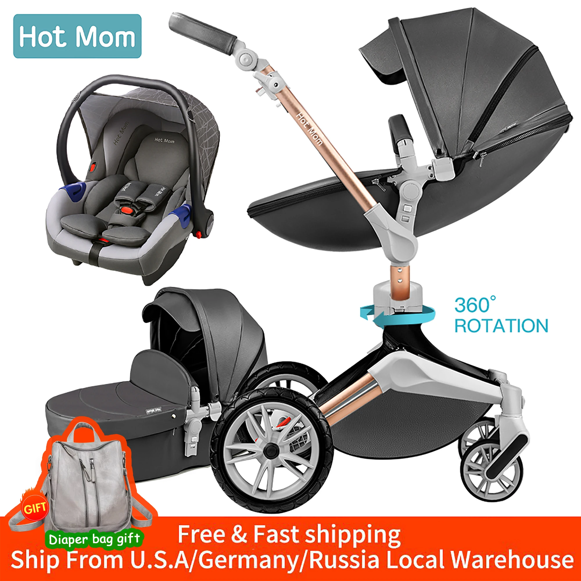 Hot Mom Baby Stroller 3 in 1 travel system with bassinet and car seat，360° Rotation Function children stroller,Luxury Pram F023 1