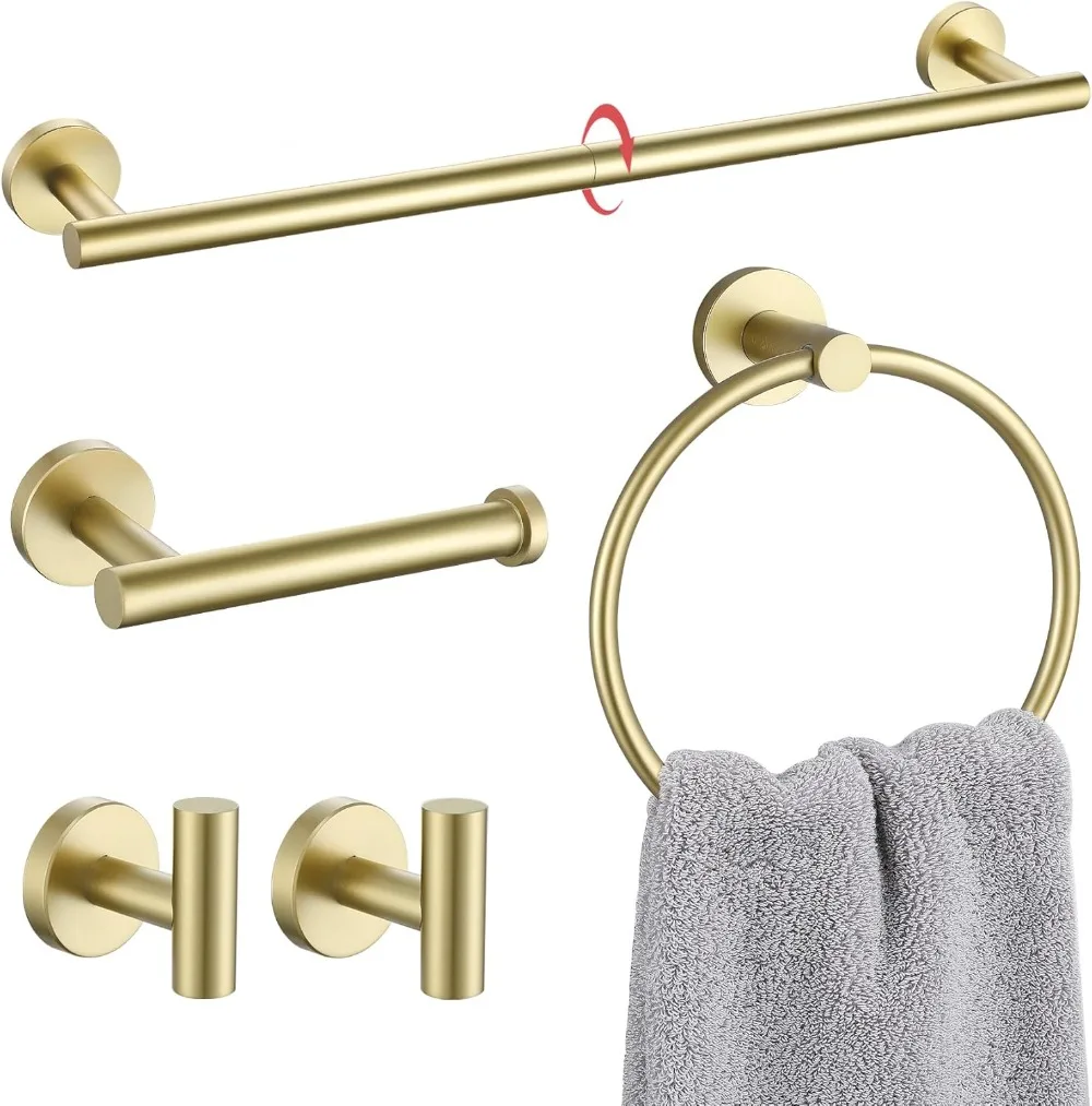 Bathroom Towel Holder Set, 5-Piece Towel Bar Set Brushed Gold Steel Wall Mounted Bathroom Hardware Accessories Stainless Steel