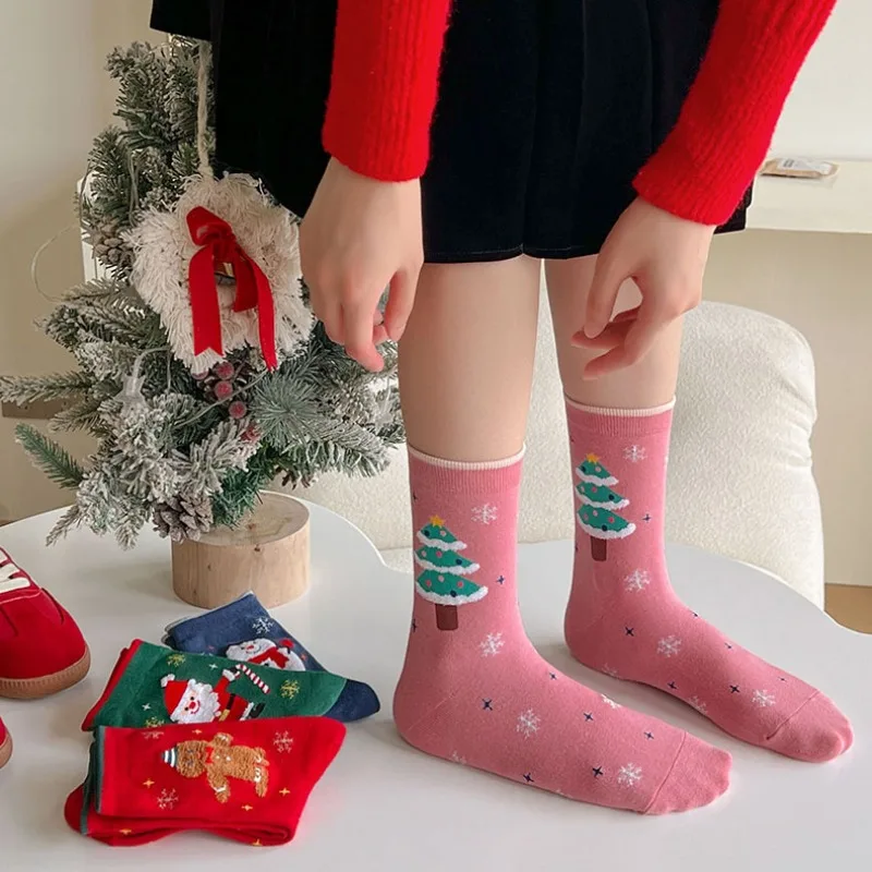 

4 Pairs Christmas Socks Mix Style Flocked Cartoon Santa Claus Cotton Socks Women Girls Red Green Middle Tube Hosiery