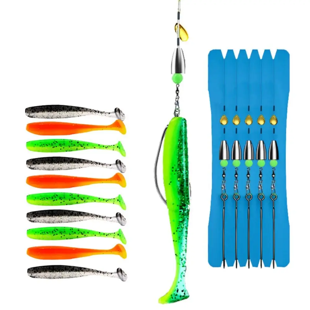 

5 Set VIB Spoon Bait Texas Rig Fishing Tackle Hooks ZURYP Binded Hooks Luminous VIB Spoon Bait with 10PCS Soft Lure Fishing Hook