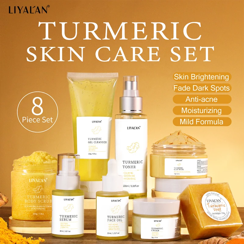 8pcs Turmeric Skin Care Set Face Brighten Lighten Dark Spots Freckles Acne Scars Melanin Repair Antioxidant Facial Clean Beauty