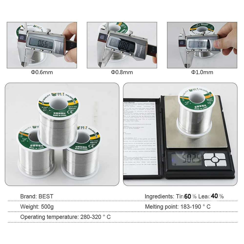 Solder tin wire 500g Sn60/Pb40 rosin core welding soldering wire reel no-clean flux 0.3-1.0mm