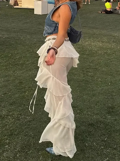 Weird Puss Irregular Tierred Flare Pants Women Y2K Patchwork See Through Summer Hipster Wild Basic Street Trend Classic Trousers