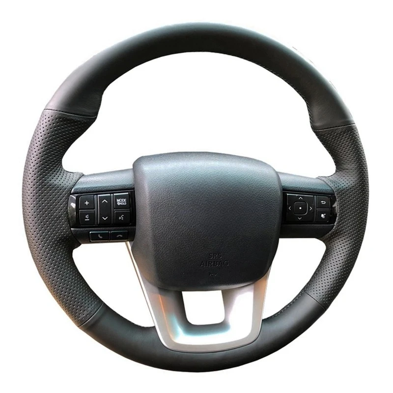 Handgenähter Auto-Lenkradbezug aus schwarzem Kunstleder, Autozubehör für Toyota Fortuner 2016–2019, Hilux 2015–2019
