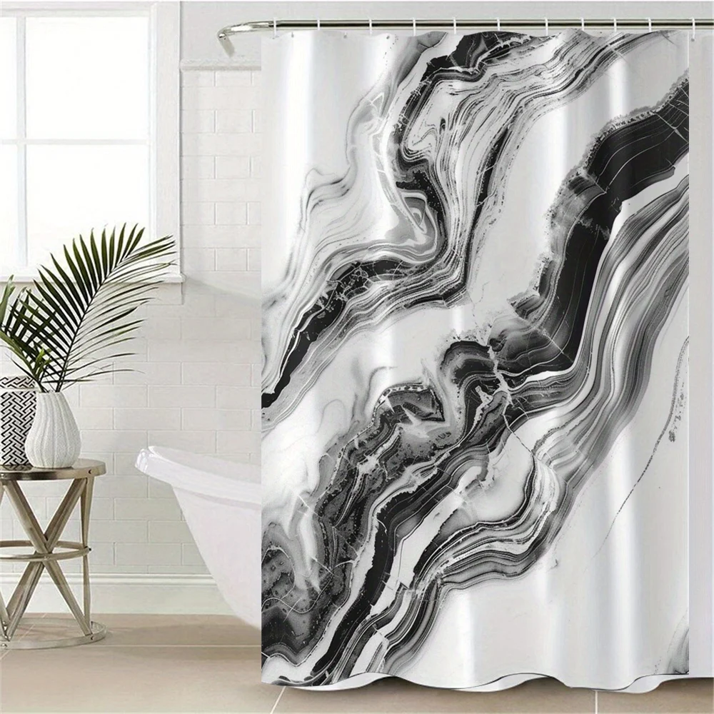 4pcs Black and White Texture Digital Print Polyester Waterproof Shower Curtain Set without Punching for Bathroom Separation 3