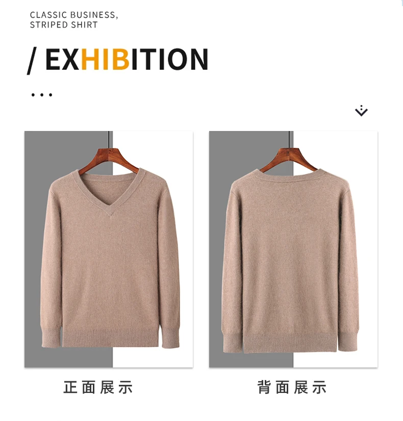 Description Picture 3 of itemMen's 100% Pure Mink Cashmere Sweater V-neck Pullover Knit Bottoming Shirt Autumn And Winter New Long-Sleeve High-End Mink Tops