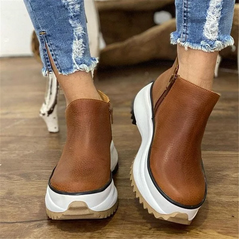 Winter Wedges Women Boots Comfortable Ankle Boots Shoes Round Toe Lace Up and Zip Thicken Plus Size 43 New Botas De Mujer