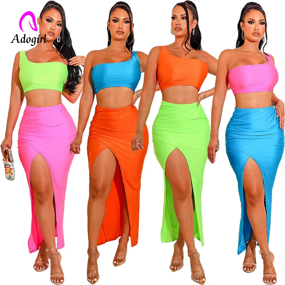 One Shoulder Women 2 Piece Set Fitness Solid Crop Vest High Slit Bodycon Skirt Matching Set 2022 Summer Sexy Club Party Vestidos fitness ribbed wide leg jumpsuits backless elegant luxury outfit 2023 summer women sexy night club halter one piece overalls