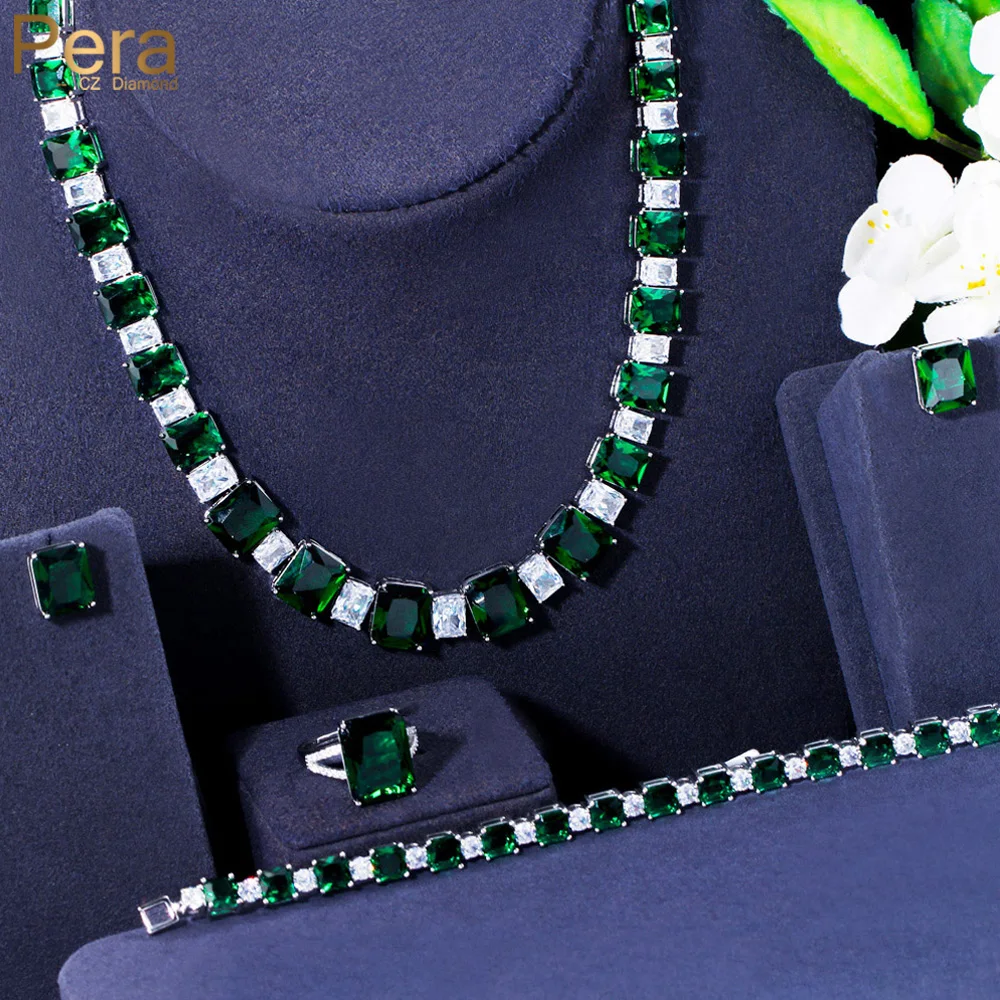 

Pera Superb Green Princess Cut CZ Zircon Round Choker Necklace Earrings Bracelets Rings for Bridal Wedding Party Jewelry J247