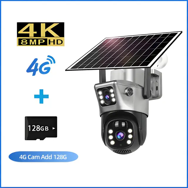 4K 8MP 4G Sim Solar Camera Outdoor Dual Lens Wireless WiFi Surveillance IP Camera PIR Human Detection Solar Security CCTV Cam