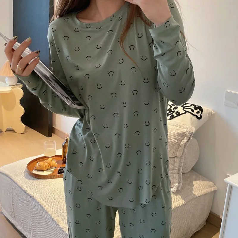 Neue Damenkleidung Smiley Zweiteiliges Set Langarm-Oberteil Lange Hose Weich Hautfreundlich Sport-Schlafanzug Bequemes Loungewear-Set – Detail 8