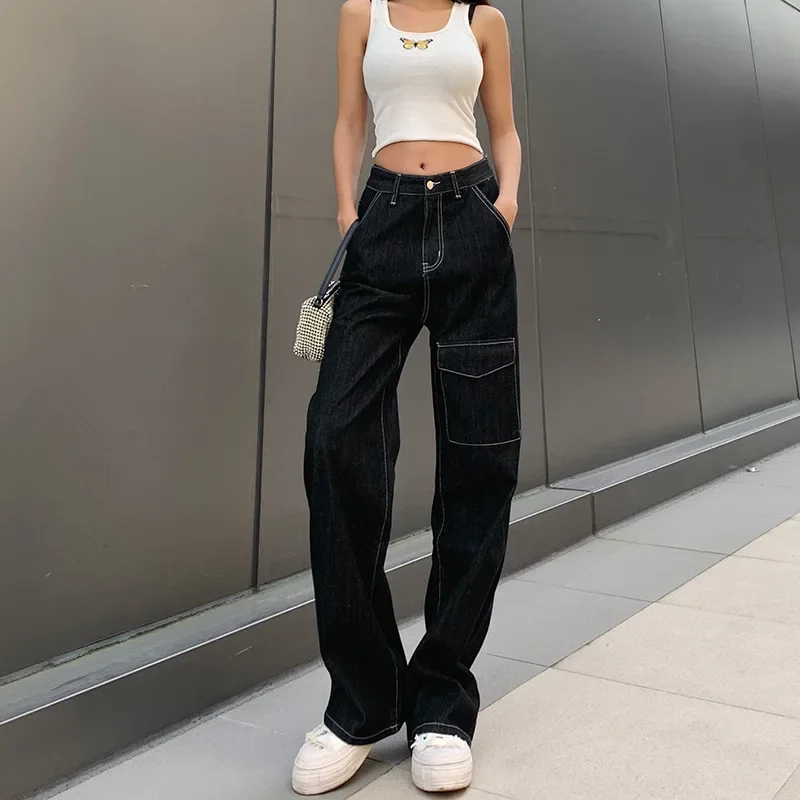 Women Fashion Big Pocket Baggy Trousers Women Fall Pantalones Cargo Jeans Vintage High Waisted Black Jeans Y2k Straight Leg Pant