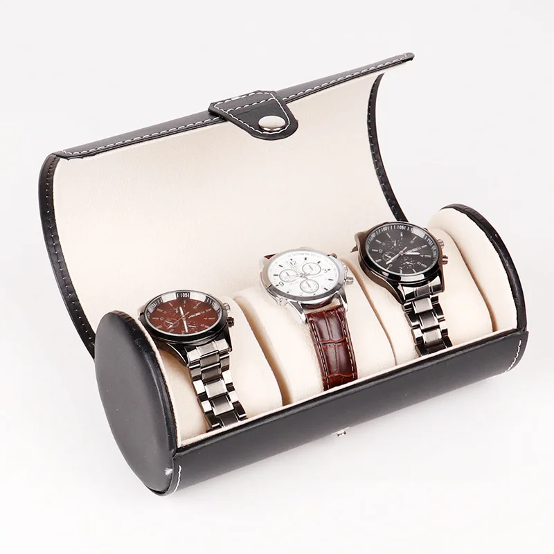 

PU Leather Cylinder Watch Box 3 Slots Watch Roll Case Watch Storage Box