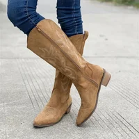 Embroidered Western Cowboy Boots for Women Autumn Pointed Toe Thick Heel High Knee Boots Woman Loose PU Leather Long Botas Mujer - Image 2