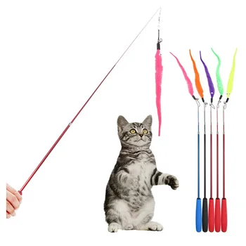 5pcs Colorful Cat Teaser Wand Rod Chase Toys Replacement Refill Plush Worms Pet Cat Tease Interactive Training Playing Stick Toy