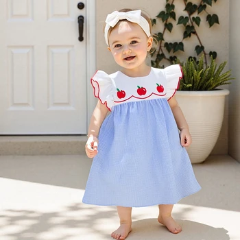 Adorable Toddler Girls Back to School Dress with Sweet Apple Print and Plaid Pattern Perfect for Casual Wear 5