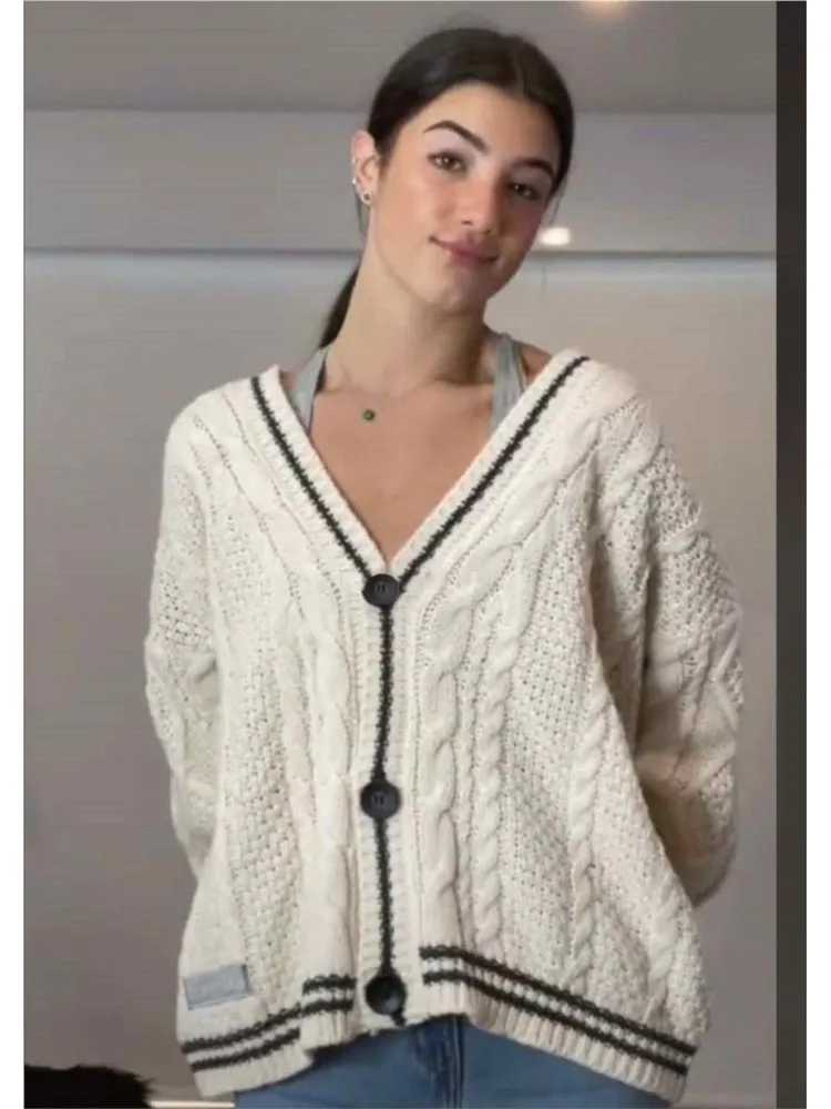 Vintage Star Print Knitted Cardigan Women's Sweaters Preppy Cute Button Up V Neck Long Sleeve Loose Coat Autumn Y2K Sweater 4