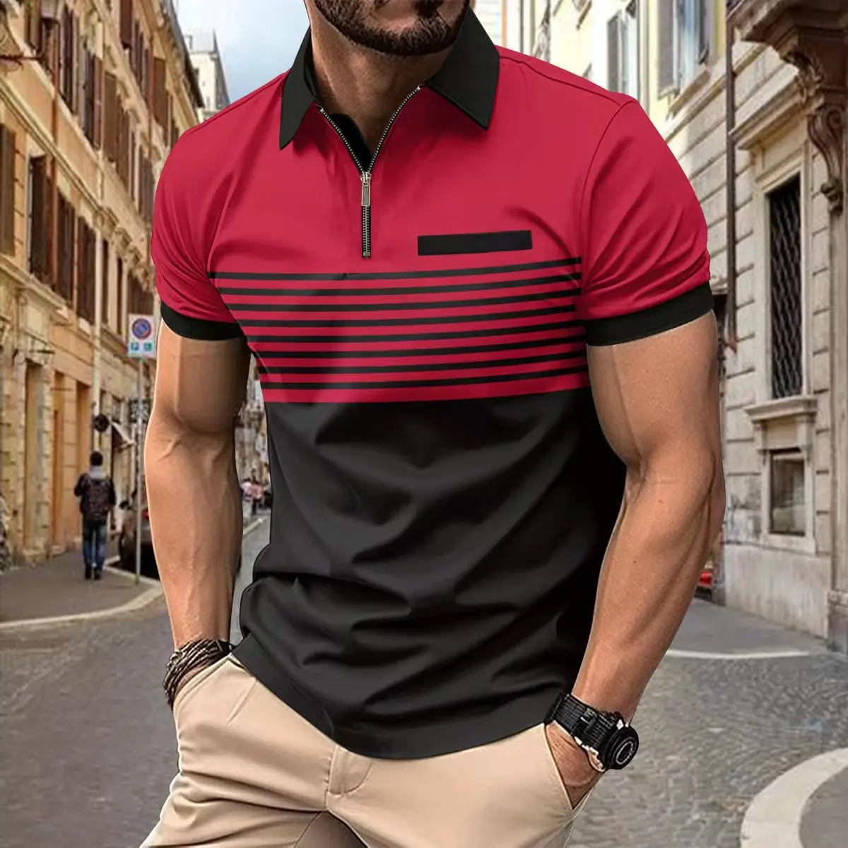 Fashionable mens summer striped T-shirt color blocked 3D digital printing zipper polo shirt business casuallapelshortsleevedpolo 10 S20dd42545d1946ad8f0c0df7d8c0b3e2S