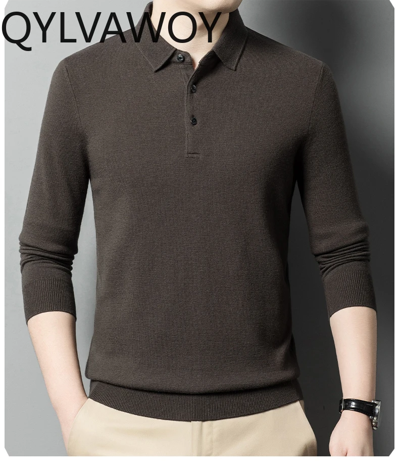 

QYLVAWOY 100% Cashmere T-shirt Men Long Sleeve Thickened Autumn and Winter Knitwear Mans Tshirt Lapel Collar Mens Clothes